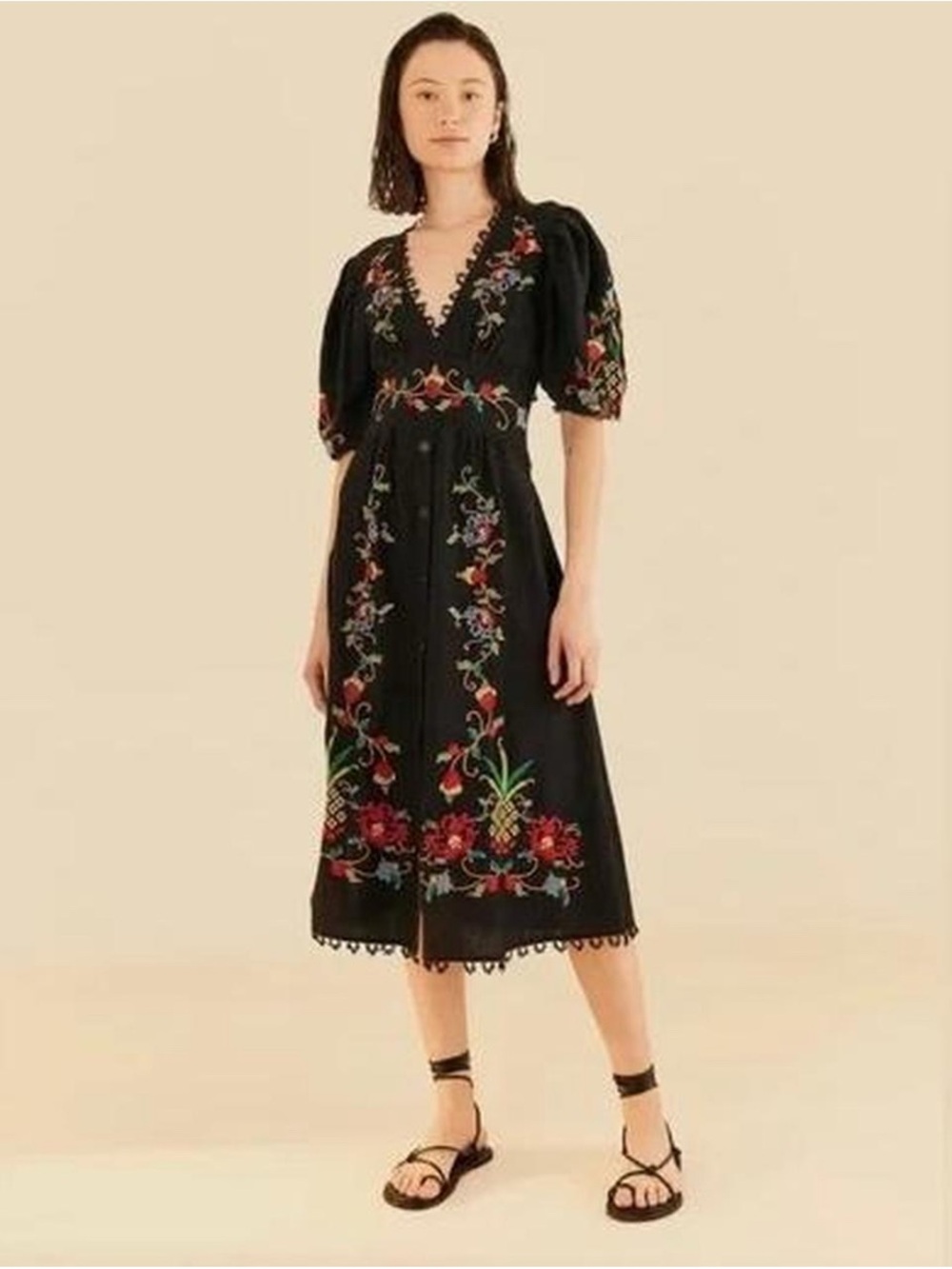 FARM Rio Black Embroidered V-Neck Midi Dress with Multicolor Floral Stitching